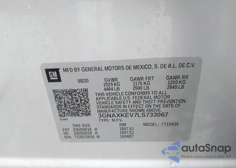 2020 Chevrolet Equinox Fwd Lt 1.5L Turbo из США, поврежденный, VIN 3GNAXKEV7LS733067